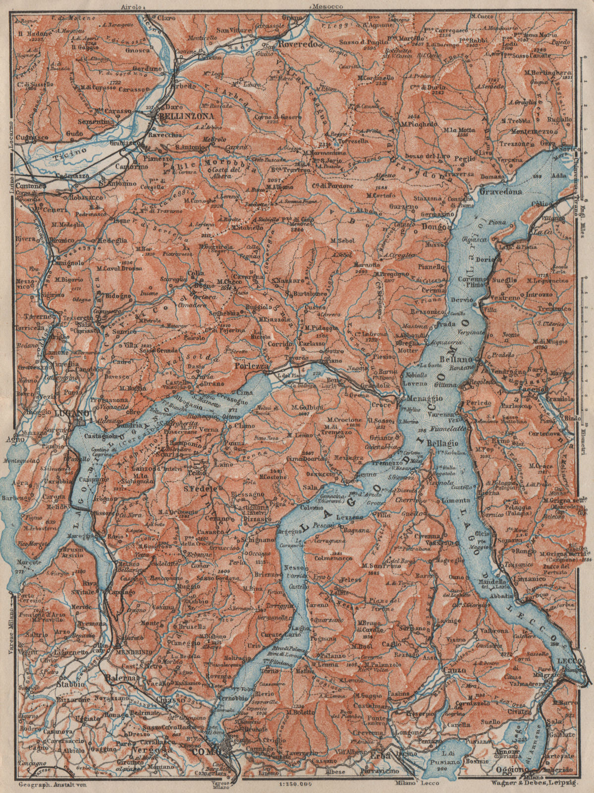 LAKES/LAGO DI COMO & LUGANO. Lecco Bellinzona. Topo-map. Italy mappa 1909